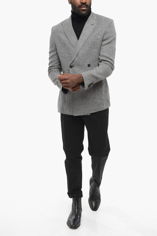 CC COLLECTION Basket Wave Motif Side Vents Peak Lapel REWARD Double Breasted Blazer