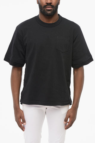 Solid Color Crew-neck T-Shirt with Side Buttoning and Breast Pocket