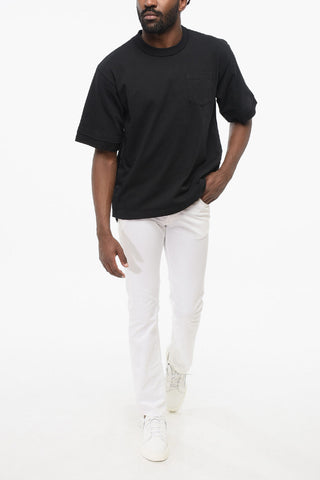 Solid Color Crew-neck T-Shirt with Side Buttoning and Breast Pocket