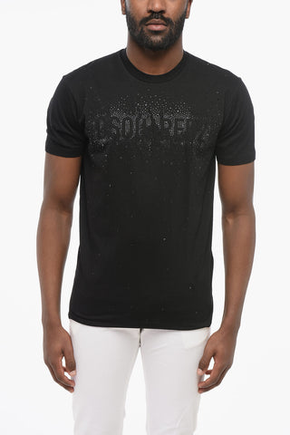Solid Color Crew-neck T-Shirt Embellished with Rhinestones