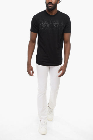 Solid Color Crew-neck T-Shirt Embellished with Rhinestones