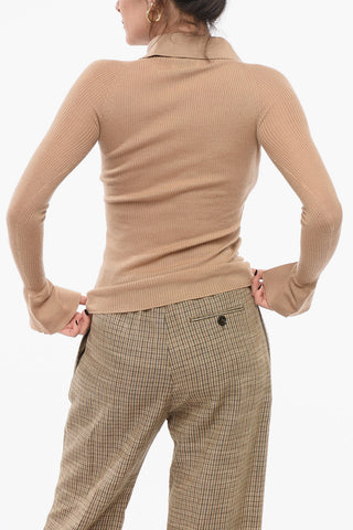 Maglia in Misto Cashmere a Costine con Collo a Polo