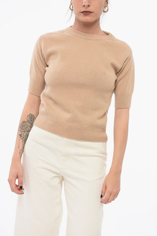 Crew Neck Pure Cashmere Sweater with Short Sleeves