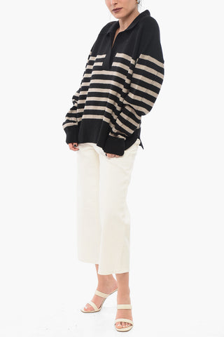 Awning Striped Wool Blend Pullover with Polo Neck