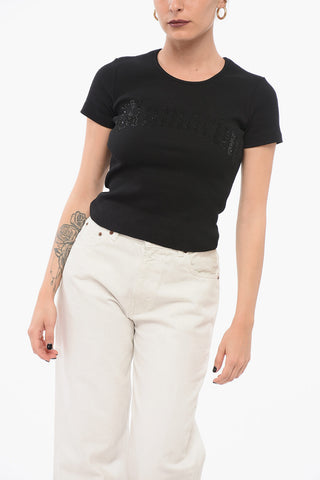 Geripptes Cropped T-Shirt mit Kristall-Logo