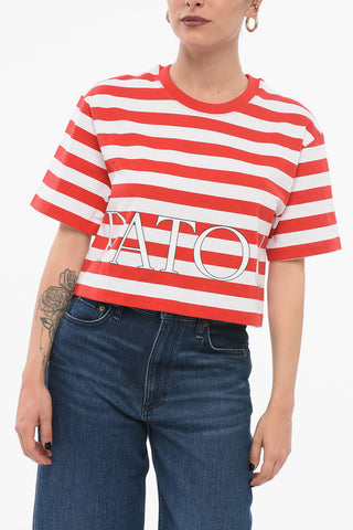 T-Shirt Crop a Righe Awning con Logo Stampato