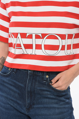 T-Shirt Crop a Righe Awning con Logo Stampato