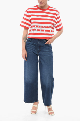 T-Shirt Crop a Righe Awning con Logo Stampato