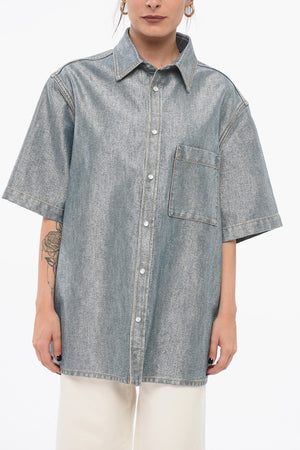 Short-Sleeved Lurex-Blend Denim Blouse