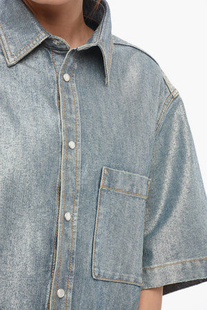 Short-Sleeved Lurex-Blend Denim Blouse
