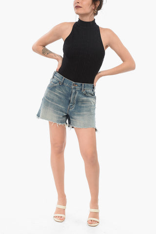 Vintage Washed Denim Shorts with Raw-cut Hem