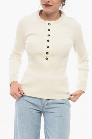 Maglia Girocollo in Cotone Stretch a Costine con Bottoni