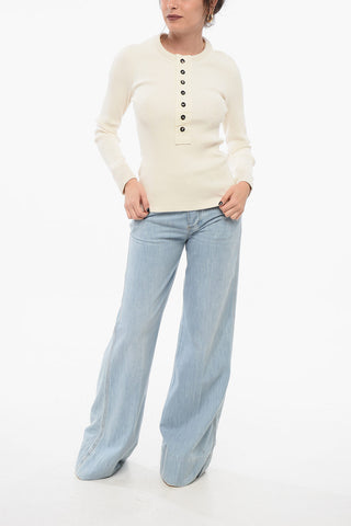 Maglia Girocollo in Cotone Stretch a Costine con Bottoni