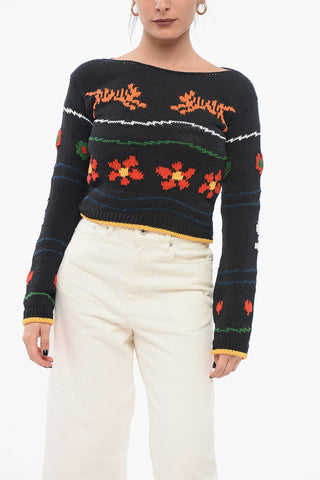 Jacquard Cotton Blend Crop Sweater
