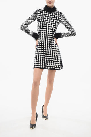Houndstooth Knitted Dress with Frayed Detail