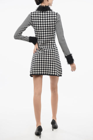 Houndstooth Knitted Dress with Frayed Detail
