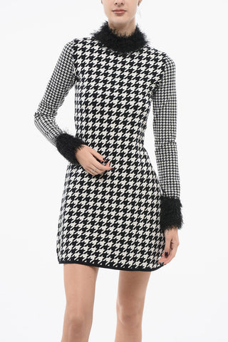 Houndstooth Knitted Dress with Frayed Detail