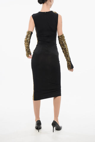 Lamè Fabric Draped Sheath Dress with Removable Sleeves