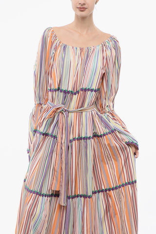 Vestito Lungo A Righe Con Maniche Pouf E Dettagli Ricamati