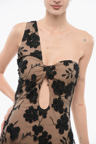 Long One-Shoulder Double-Layer Dress with Beaded Details