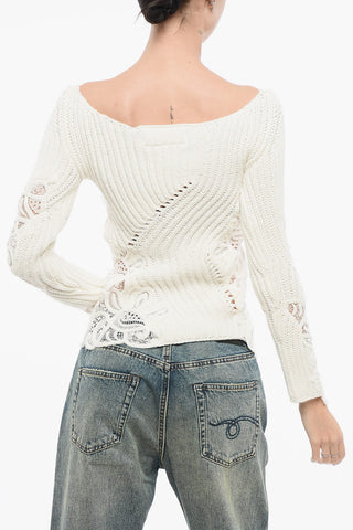 Crew Neck Cotton Sweater with Lace Inserts
