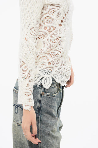 Crew Neck Cotton Sweater with Lace Inserts