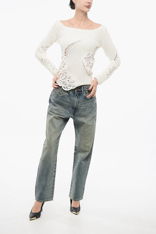 Crew Neck Cotton Sweater with Lace Inserts