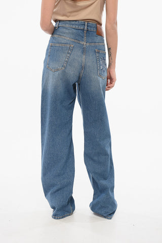 Jeans Regular Fit in Denim Lavaggio Scuro con Tasca Ricamata 24cm