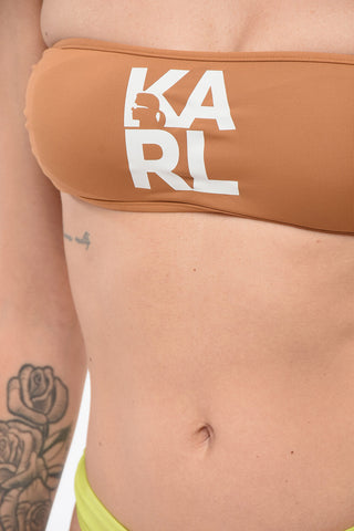 Solid Bandeau Bikini Top With Contrast Logo Print