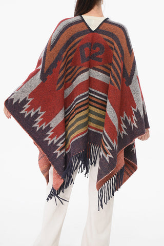 Poncho Oversezed in Jacquard Etnico con Frange