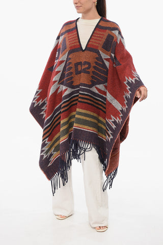 Poncho Oversezed in Jacquard Etnico con Frange