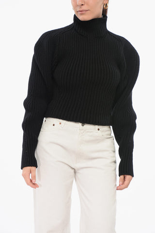 Turtleneck Ribbed Wool Blend Sweater with Balloon Sleeves
