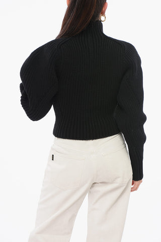 Turtleneck Ribbed Wool Blend Sweater with Balloon Sleeves