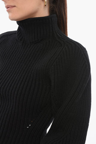 Turtleneck Ribbed Wool Blend Sweater with Balloon Sleeves