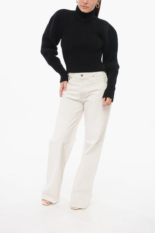 Turtleneck Ribbed Wool Blend Sweater with Balloon Sleeves