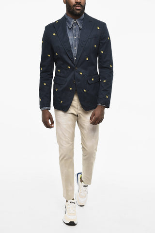 embroidered Cotton 2 Buttons Blazer with Flap Pockets