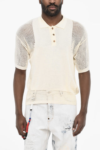 Openwork Short Sleeve Sweater with Polo Neck