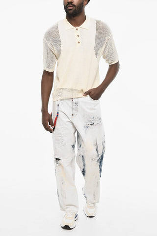 Openwork Short Sleeve Sweater with Polo Neck