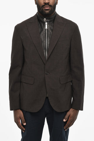 Blazer a 1 Bottone in Misto Lana Virgine con Dettaglio in Pelle Vegan