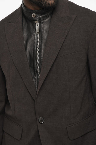 Blazer a 1 Bottone in Misto Lana Virgine con Dettaglio in Pelle Vegan