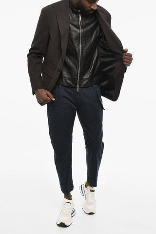 Virgin Wool Blend 1 Buttons Blazer with Faux Leather Details
