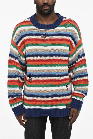 Multicolor Crew-neck Sweater with Distressed Details
