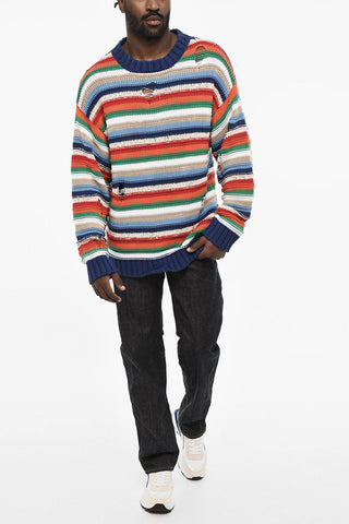 Multicolor Crew-neck Sweater with Distressed Details