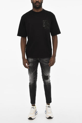 T-shirt Girocollo in Cotone con Monogram in Paillettes