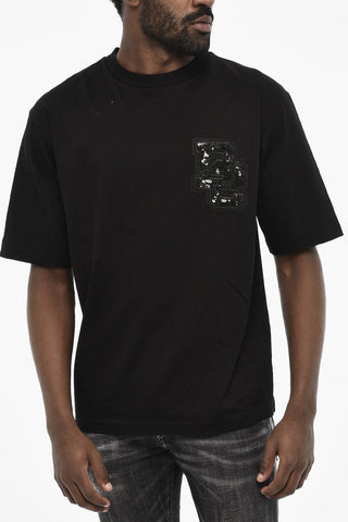 T-shirt Girocollo in Cotone con Monogram in Paillettes