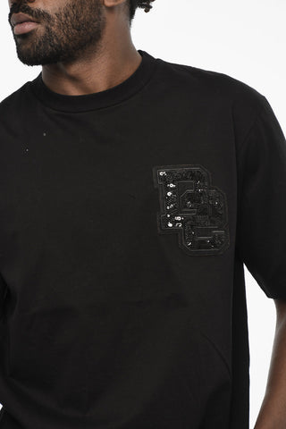 T-shirt Girocollo in Cotone con Monogram in Paillettes