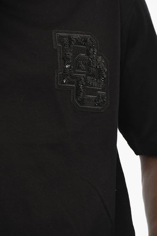 T-shirt Girocollo in Cotone con Monogram in Paillettes