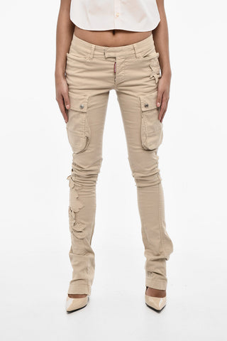 Pantaloni Cargo in Twill di Cotone a Vita Regolare con Applicazioni Floreali