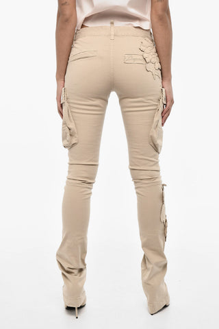 Regular Waist Cotton Twill Cargo Pants with Floral Applications
