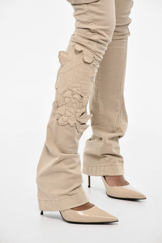 Regular Waist Cotton Twill Cargo Pants with Floral Applications